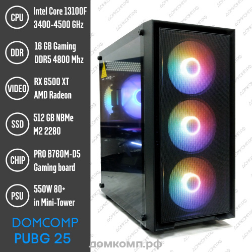 Системный блок Domcomp PUBG 25-65 [Core i3 13100F, DDR5 16Гб, SSD M2 512Гб, RX 6500XT, WIFI, 550 Вт]