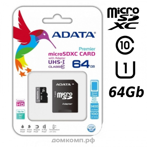 Карта памяти A-Data microSDHC 64 Гб [AUSDX64GUICL10-RA1/RA1]