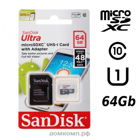 Карта памяти SanDisk Ultra 80 microSDXC 64 Гб [SDSQUNS-064G-GN3MA] UHS-I Class 10 