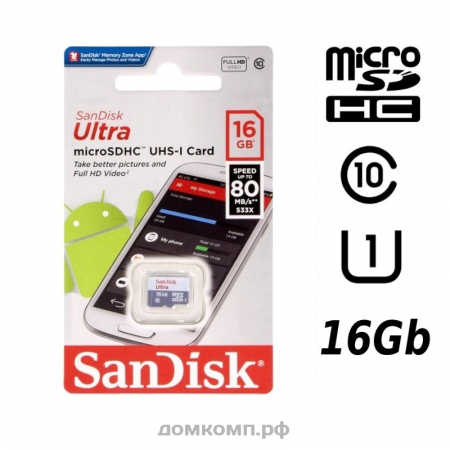 Карта памяти SanDisk Ultra 80 microSDHC 16 Гб [SDSQUNS-016G-GN3MN] UHS-I Class 10 