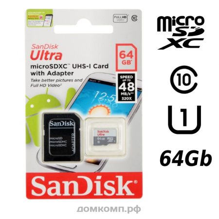 Карта памяти SanDisk Ultra 48 microSDXC 64 Гб [SDSQUNB-064G-GN3MA] UHS-I Class 10 